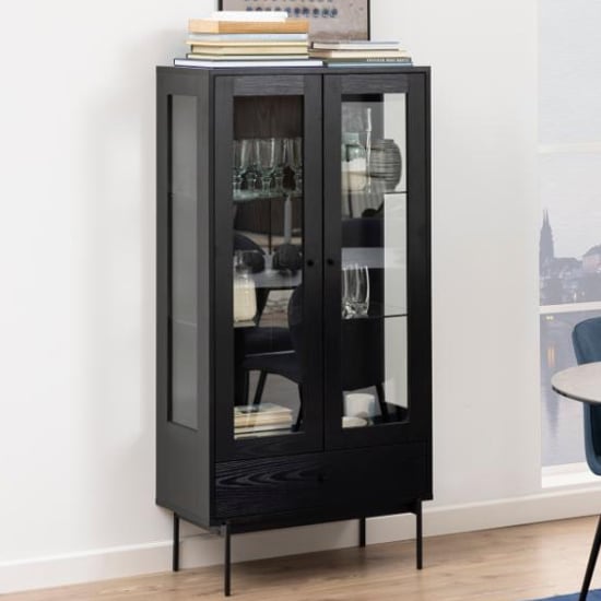 Avilo 2 Glass Doors And 1 Drawer Display Cabinet In Ash Black ...