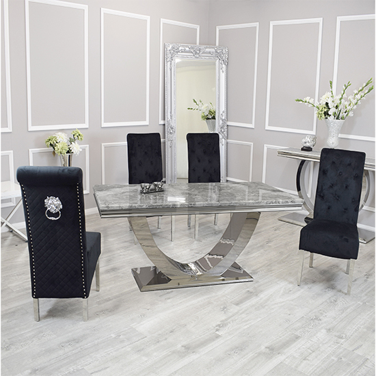 Product photograph of Avon Light Grey Marble Dining Table With 6 Elmira Black Chairs from Furniture in Fashion