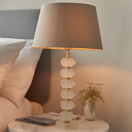 Read more about Awka grey linen shade table lamp with frosted glass base