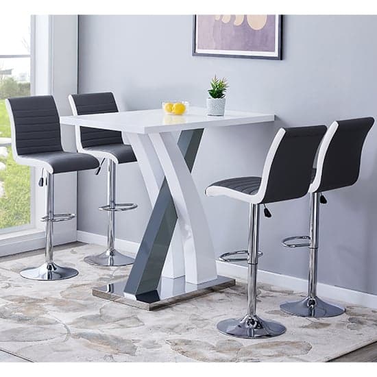 Product photograph of Axara Gloss Bar Table In White Grey 4 Ritz Grey White Stools from Furniture in Fashion