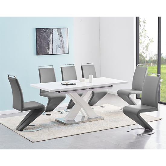 Photo of Axara large extending white dining table 6 summer grey chairs