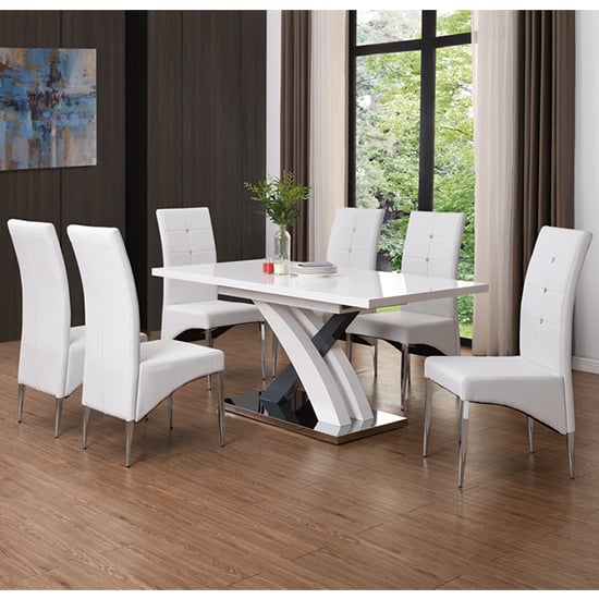 Photo of Axara large extending grey dining table 8 vesta white chairs