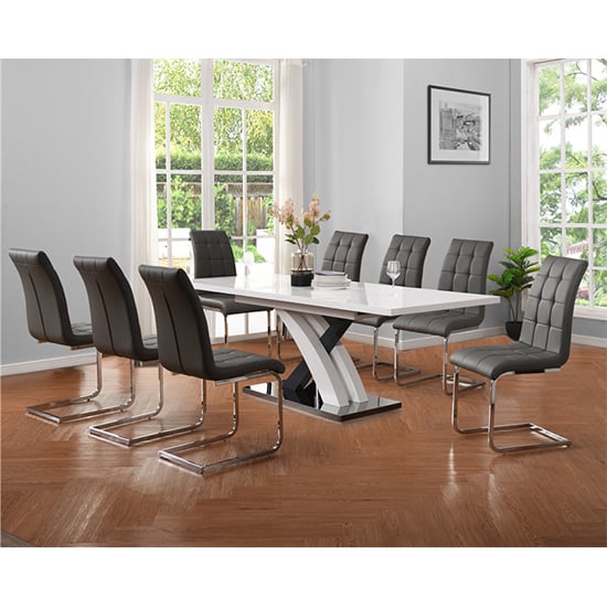 Photo of Axara large extending grey dining table 8 paris grey chairs