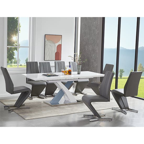 Read more about Axara extending white grey gloss dining table 8 gia grey chairs