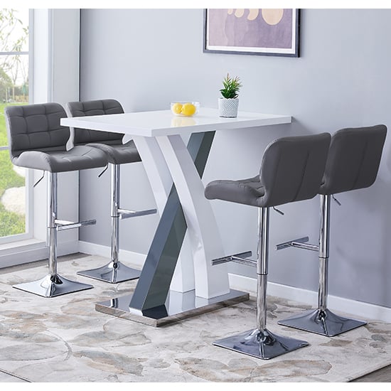 Product photograph of Axara High Gloss Bar Table In White Grey 4 Candid Grey Stools from Furniture in Fashion