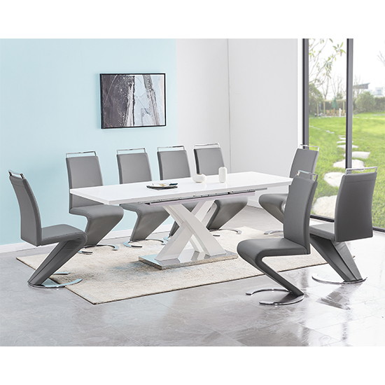 Photo of Axara large extending white dining table 8 summer grey chairs