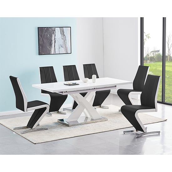 Read more about Axara small extending white dining table 6 gia black chairs