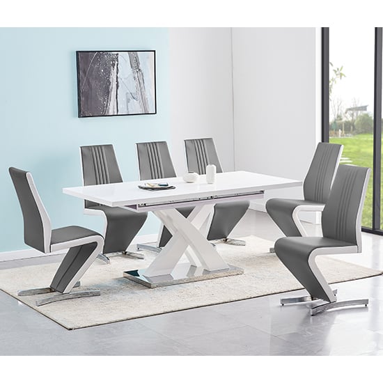 Read more about Axara small extending white dining table 6 gia grey chairs