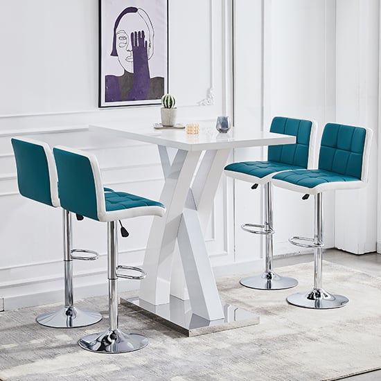 Photo of Axara white high gloss bar table with 4 copez teal white stools