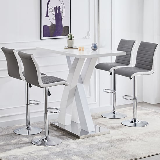 Photo of Axara white high gloss bar table with 4 ritz grey white stools