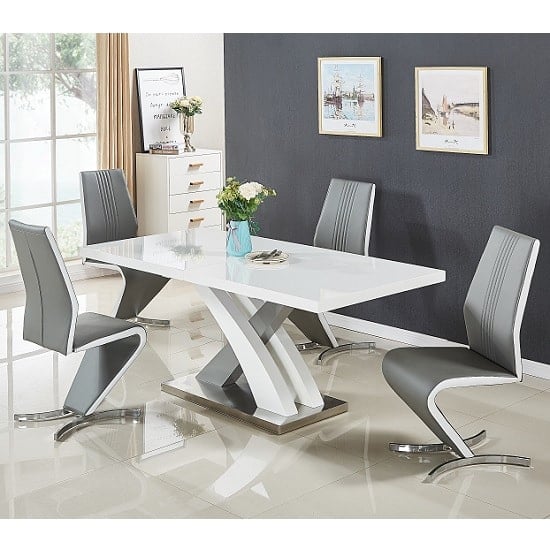 Read more about Axara large extending grey dining table 4 gia grey white chairs