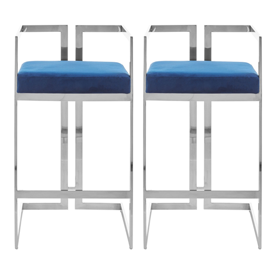 View Azaltro blue velvet bar stools with silver metalframe in pair