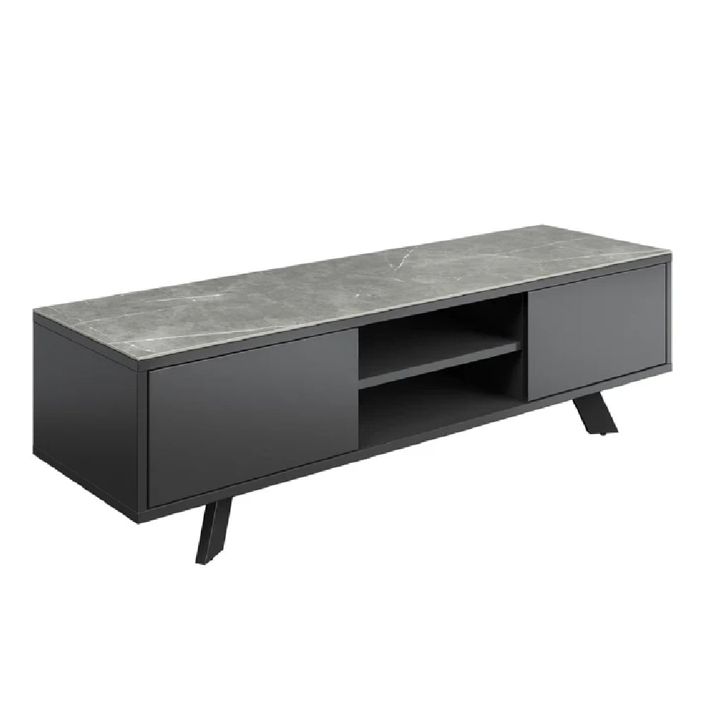 azido wooden tv stand with 2 doors in matte grey ceramic top