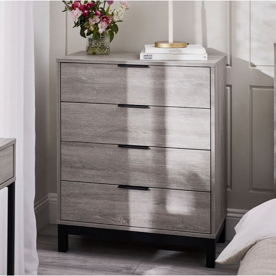 Product photograph of Baara Wooden Chest Of 4 Drawers In Grey Oak from Furniture in Fashion