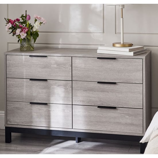 Product photograph of Baara Wooden Chest Of 6 Drawers Wide In Grey Oak from Furniture in Fashion