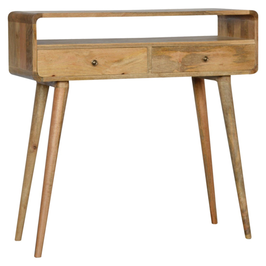 Photo of Bacon wooden curved console table in oak ish with 2 drawers