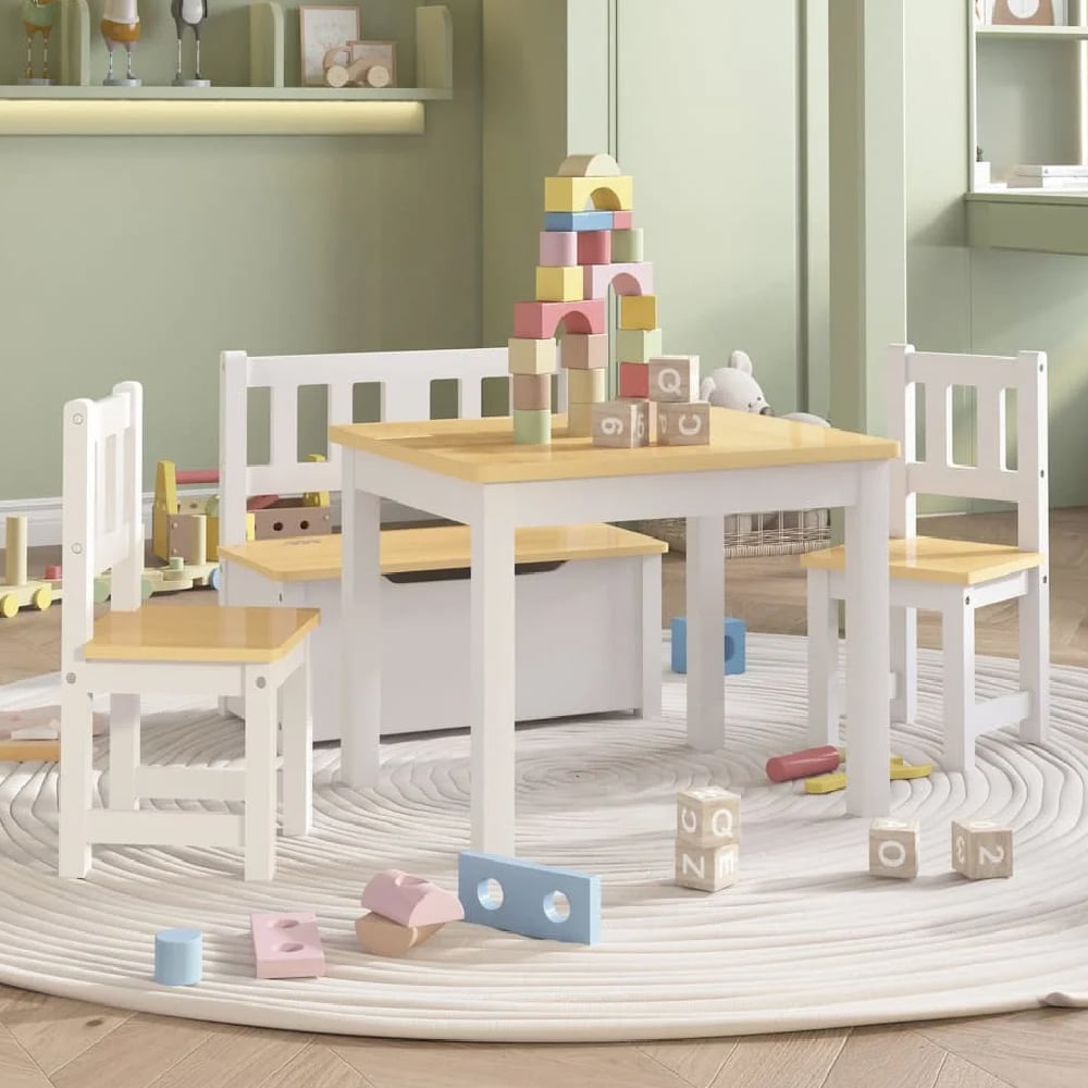 Read more about Bagdad wooden children table with 2 chairs 1 bench in white beige