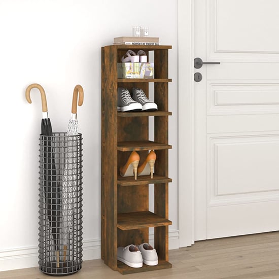 Product photograph of Balta Wooden Shoe Storage Rack With 6 Shelves In Smoked Oak from Furniture in Fashion