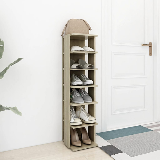 Product photograph of Balta Wooden Shoe Storage Rack With 6 Shelves In Sonoma Oak from Furniture in Fashion