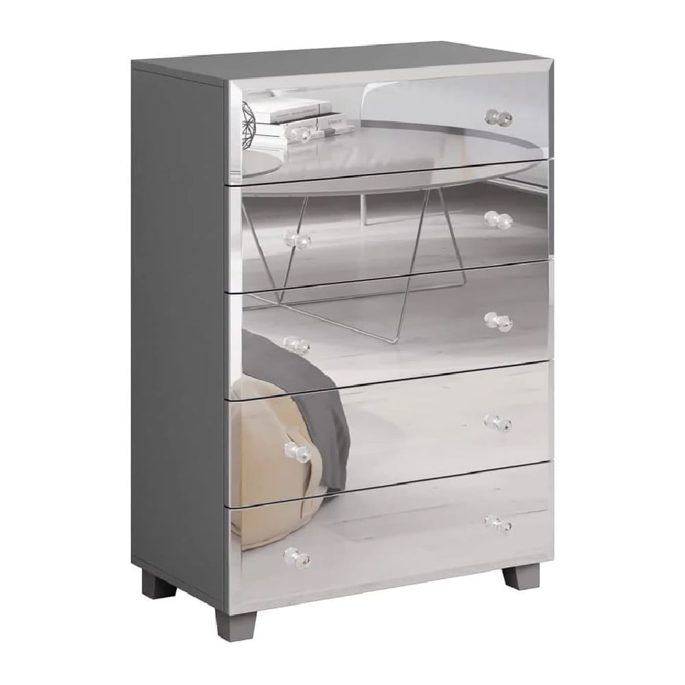 bangor mirrored chest of 5 drawers in grey