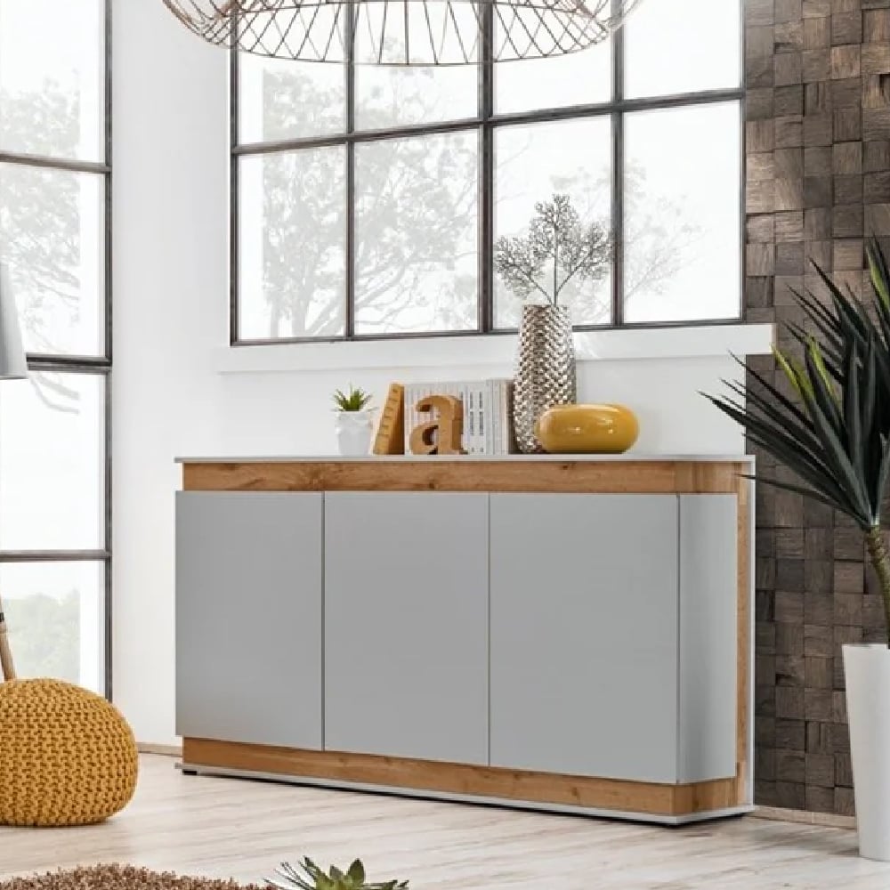 baraboo wooden sideboard with 3 doors in grey and oak