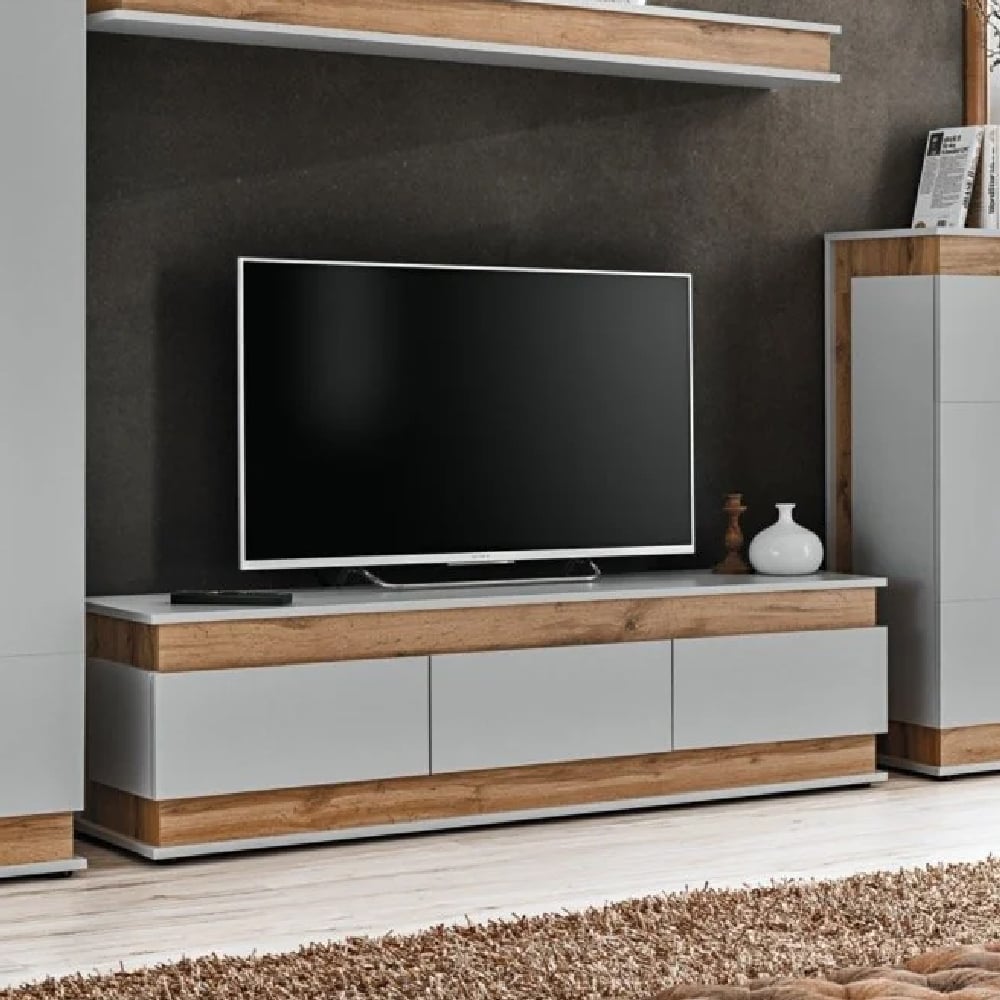 baraboo wooden tv stand with 3 drawers in grey and oak