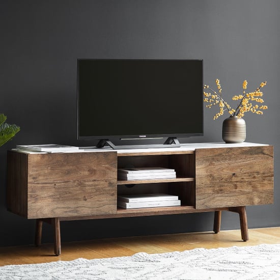 Product photograph of Barcela Wooden Tv Stand With White Marble Top In Walnut from Furniture in Fashion