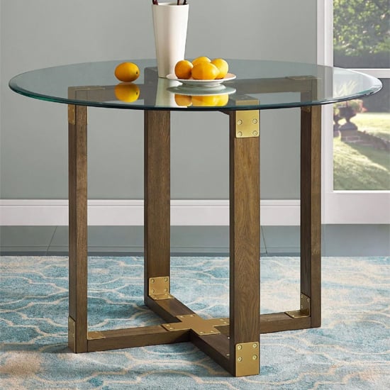 Product photograph of Barco Clear Glass Dining Table With Rustic Oak Wooden X-base from Furniture in Fashion