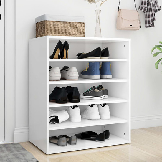 Barrera High Gloss Shoe Storage Rack With 5 Shelves In White ...