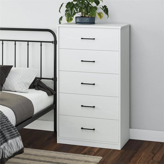 barrie wooden chest of 5 drawers in white