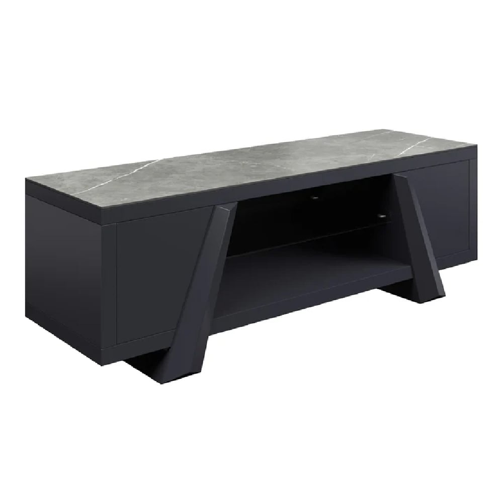 barrie wooden tv stand with 2 doors in matte grey ceramic top