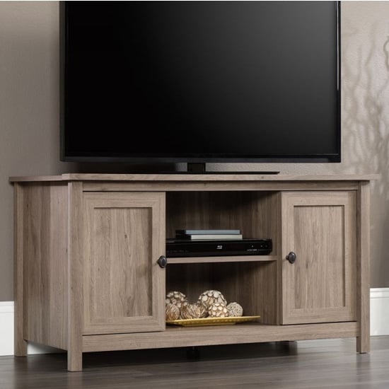 Photo of Barrister wooden tv stand with 2 doors in salt oak