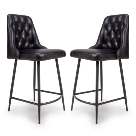Photo of Basel black genuine buffalo leather counter bar chairs in pair