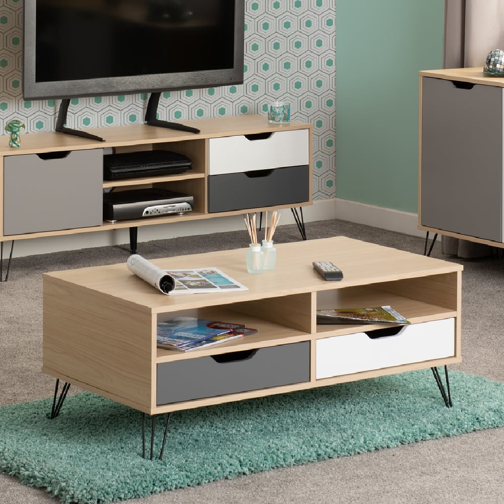 Read more about Baucom wooden coffee table with 2 drawers in white oak and grey