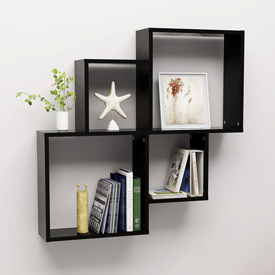 Bazyli High Gloss Cube Wall Shelf In Black | Furniture in Fashion