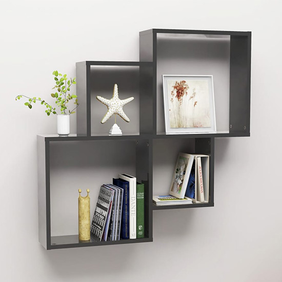 Product photograph of Bazyli High Gloss Cube Wall Shelf In Grey from Furniture in Fashion