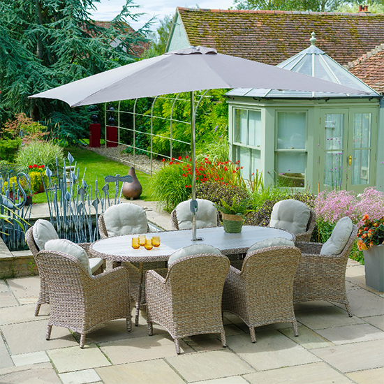 Read more about Becton oval 8 seater dining set with parasol in sand grey