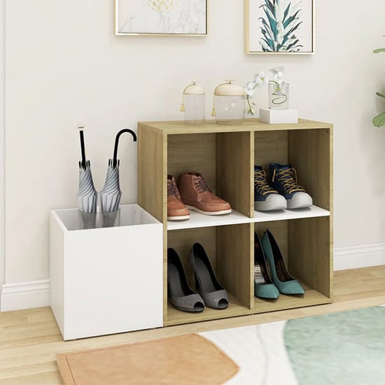 Product photograph of Bedros Wooden Hallway Shoe Storage Cabinet In White Sonoma Oak from Furniture in Fashion