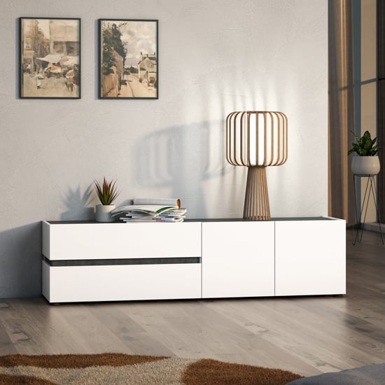 belfort high gloss tv stand 2 doors 2 drawers in white slate grey