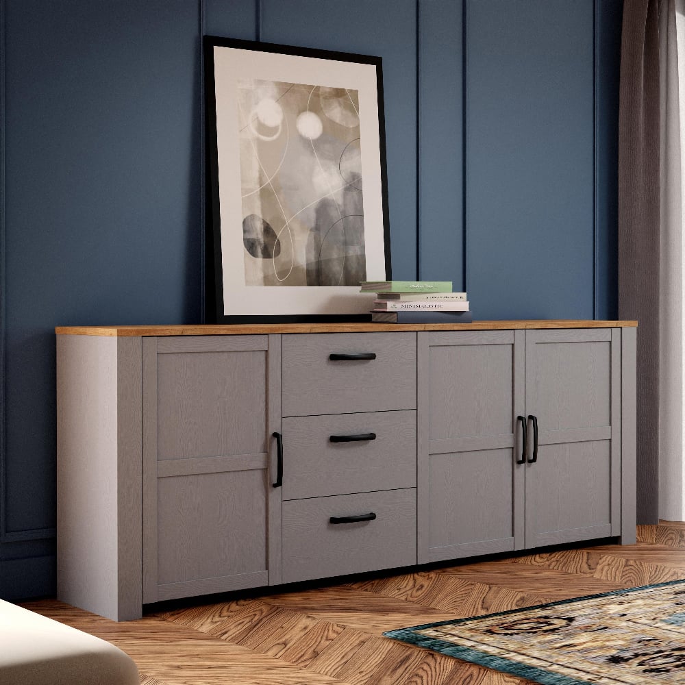 belgin wooden sideboard with 3 doors 3 drawers in grey oak