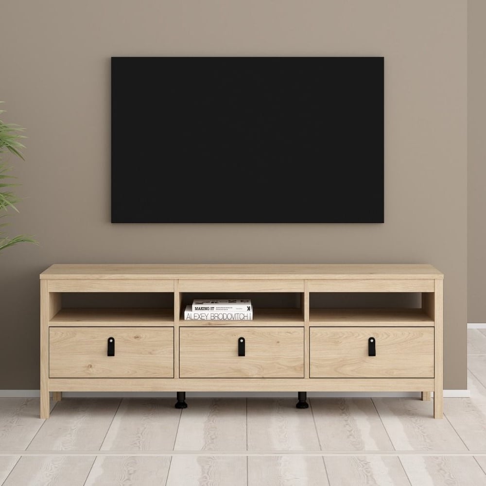 bellevue wooden tv stand with 3 drawers in oak