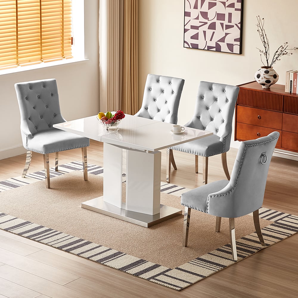 belmonte white gloss extending dining table 4 imperial grey chairs