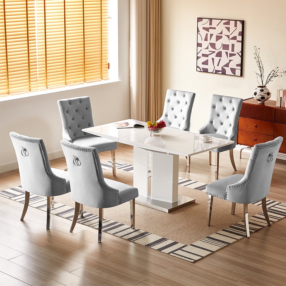 belmonte white gloss extending dining table 6 imperial grey chairs