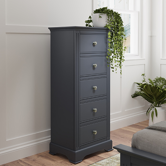 Product photograph of Belton Narrow Wooden Chest Of 5 Drawers In Midnight Grey from Furniture in Fashion
