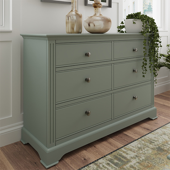 Product photograph of Belton Wide Wooden Chest Of 6 Drawers In Cactus Green from Furniture in Fashion