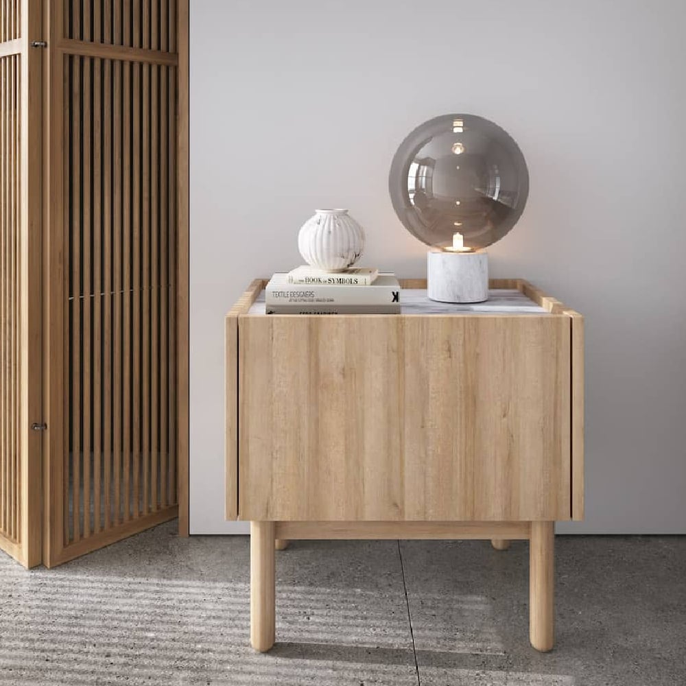 belton wooden bedside cabinet in riviera oak and white