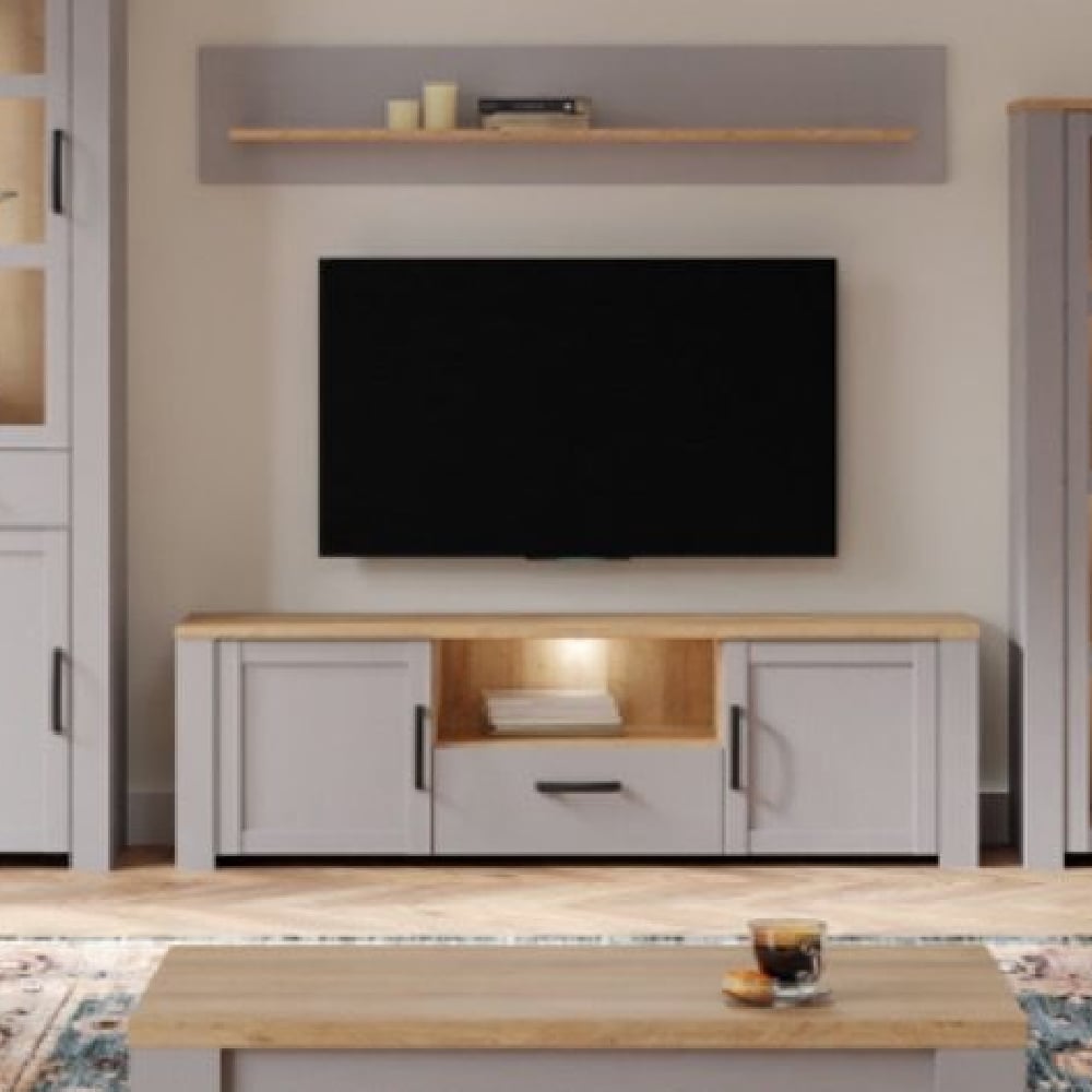 bemidji led wooden tv stand with 2 doors in grey and oak