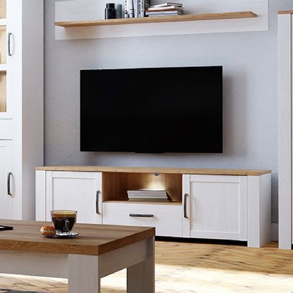 bemidji led wooden tv stand with 2 doors in white and oak