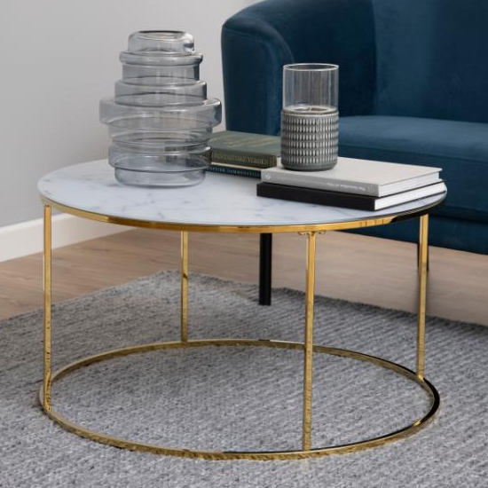 Product photograph of Bemidji White Marble Effect Glass Coffee Table With Gold Legs from Furniture in Fashion