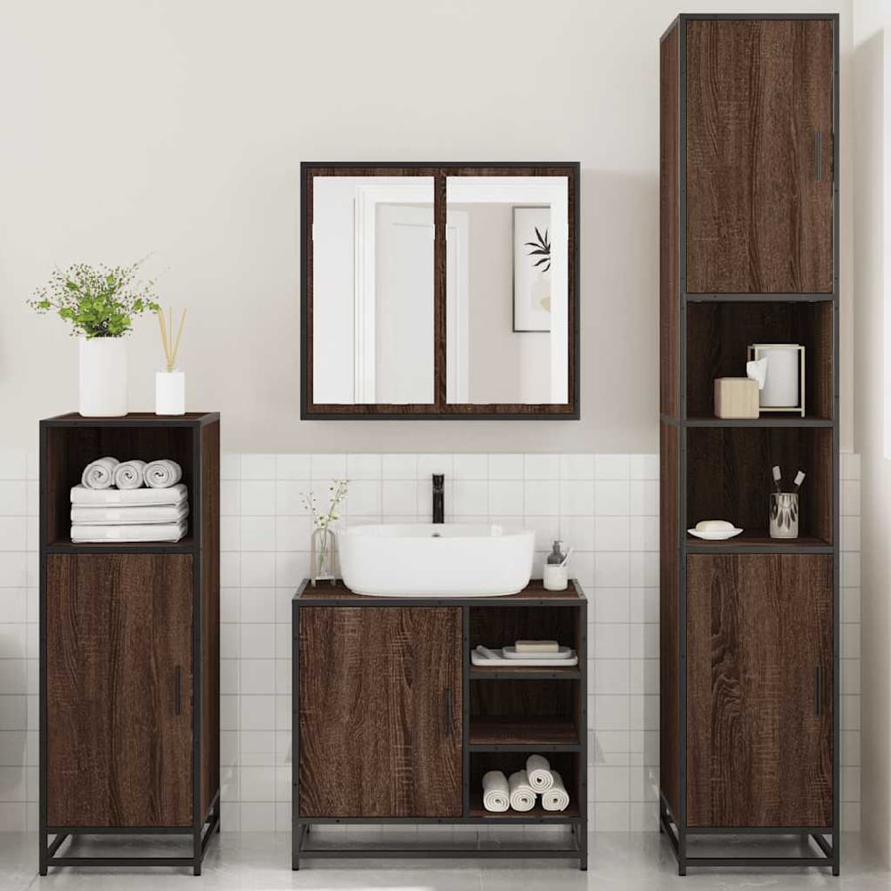 Read more about Bemidji wooden 4 piece bathroom furniture set in brown oak